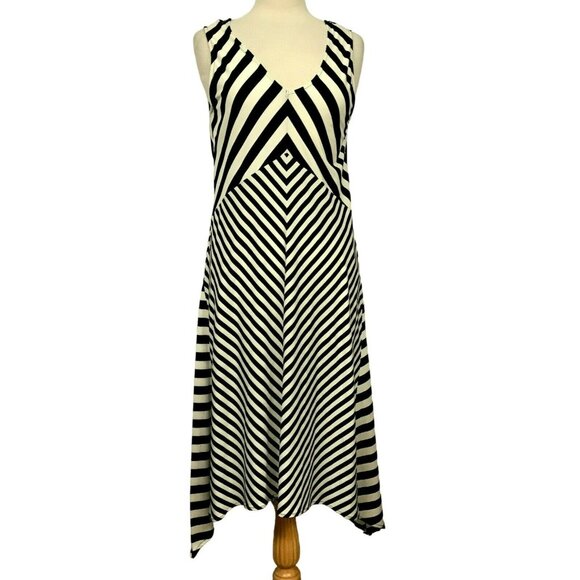 Jones New York Chevron Stripe A-Line Black & Ivory Midi Dress Longer Sides M NEW - Picture 2 of 8